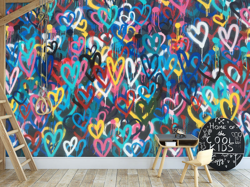 Non-Woven Wall Mural 3D Graffiti Wallpaper “Colorful Hearts” – For Accent Wall in Bedroom, Kitchen, or Living Room