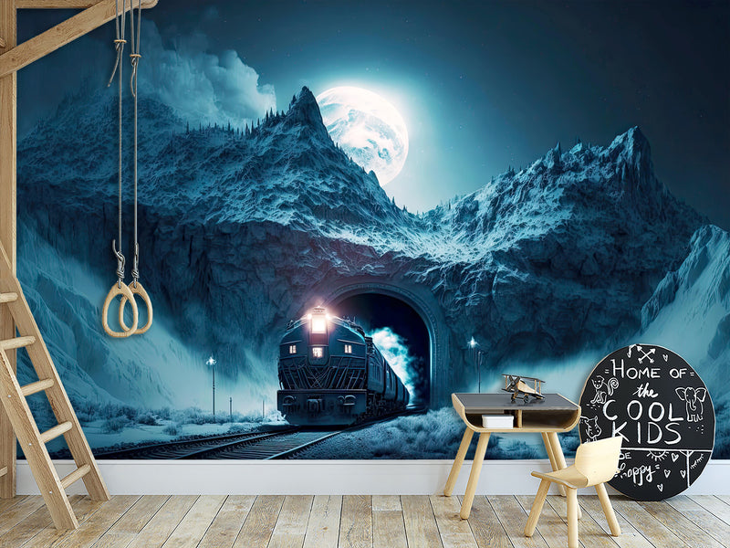 Full-Size Traditional Wallpaper Mural For Bedroom Or Living Room - Print Polar Express In Mountain Tunnel