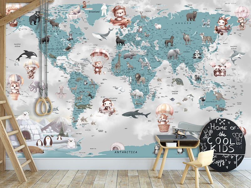 Decor for Kids room, Peel and Stick Vinyl with the pattern "Fun Educational World Map For Kids"