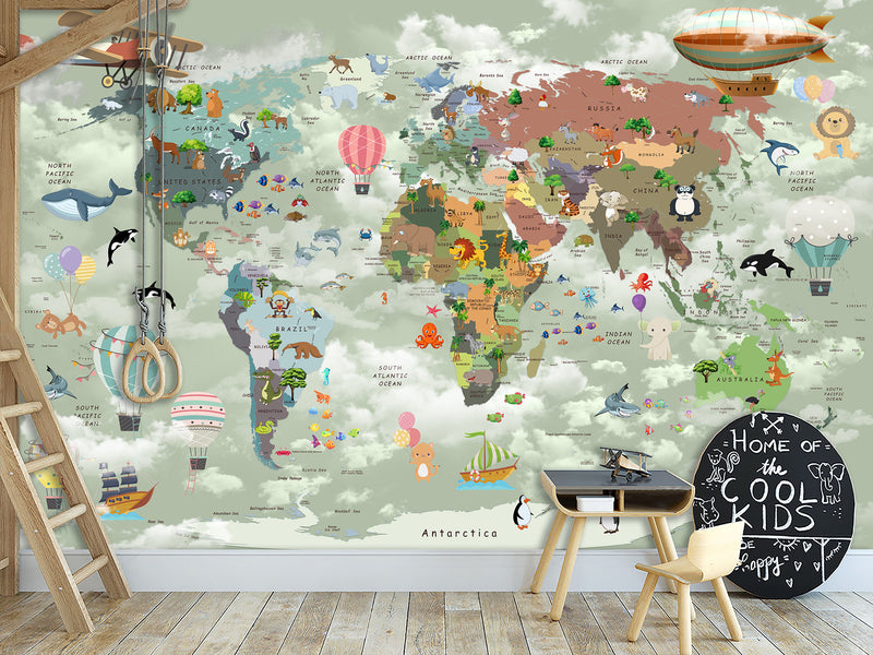 Decor for Kids room, Vinyl Wallpaper Peel and Stick with the pattern “Kids map of the world”