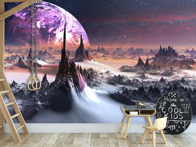 Peel and Stik Mural Wallpaper For Teen Room – "Uncharted Cosmic Planet" Bedroom Decor