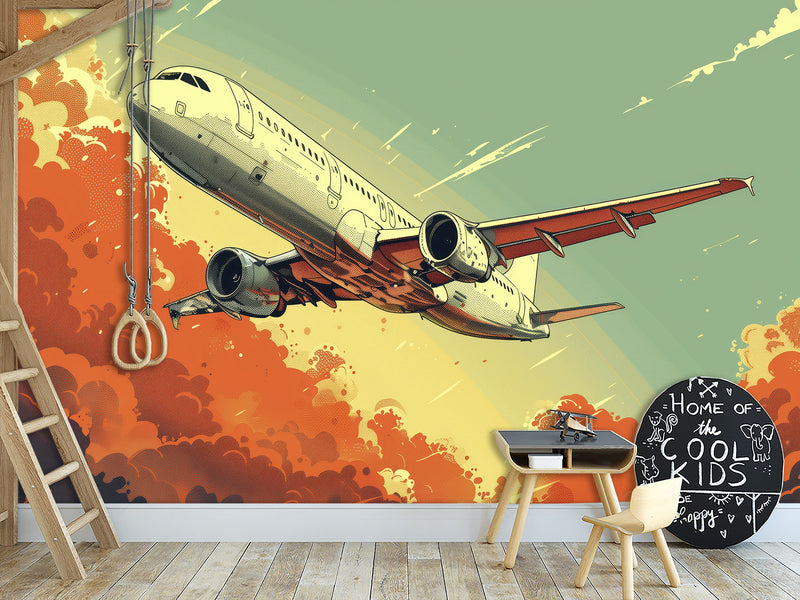 Self-Adhesive Wallpaper Art Design For Living Room, Office Full Wall "Red Clouds, Fast Wings of the Aircraft"
