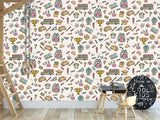 Modern Non-Woven Wallpaper — Educational School Wallpaper for Kids "Backpacks, Globes, and Books Print"