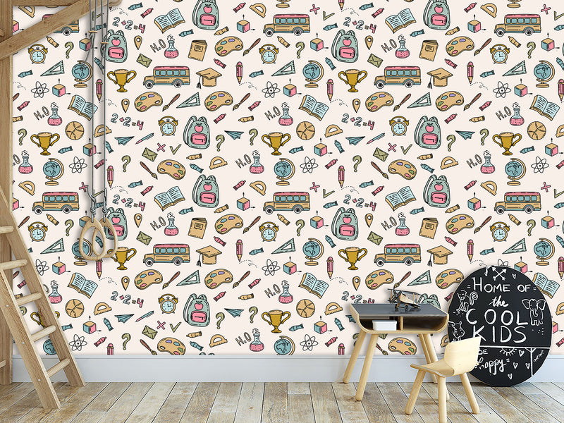 Modern Non-Woven Wallpaper — Educational School Wallpaper for Kids "Backpacks, Globes, and Books Print"