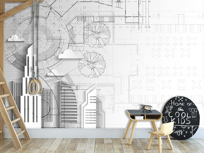 Traditional wallpaper wall art “City drawing" Wallpaper for Bedroom or Living Room
