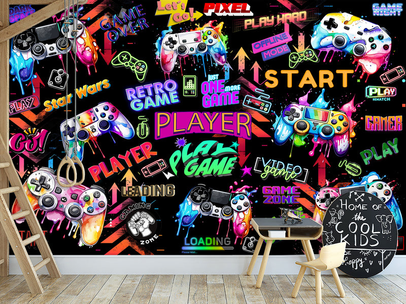 Modern Vibrant Vinyl Wallpaper Peel and Stick “Adrenaline of Victory” – Perfect for Video Game Lovers, Bedroom, Living Room, and Kids’ Room Desing