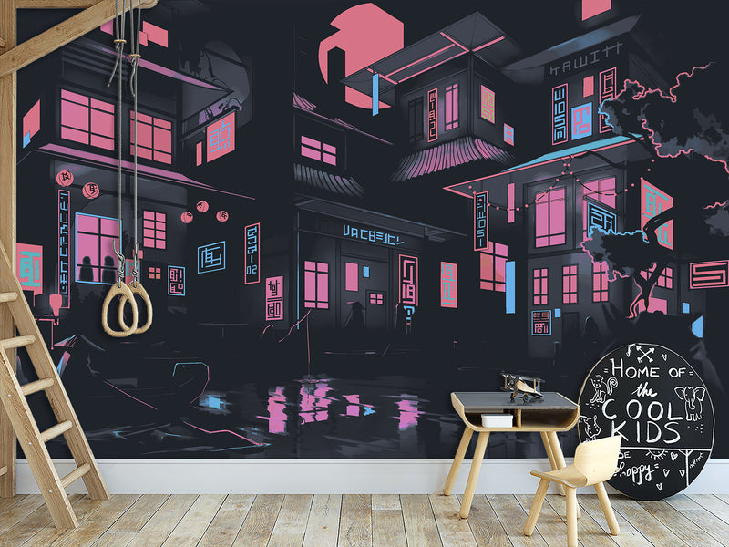 Neon City At Night – Modern Traditional Wall Mural For Interior Design 🌃