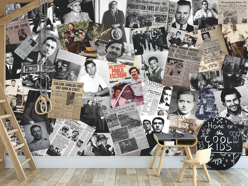 Traditional Mural Wallpaper for Gym, Office, or Lounge – "Gangster Poster Collage", Vintage Wallpaper Featuring Crime Bosses