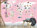 Print for Kids' Room Full Wall Self-Adhesive Wallpaper – Kids' World Map on Pink Background