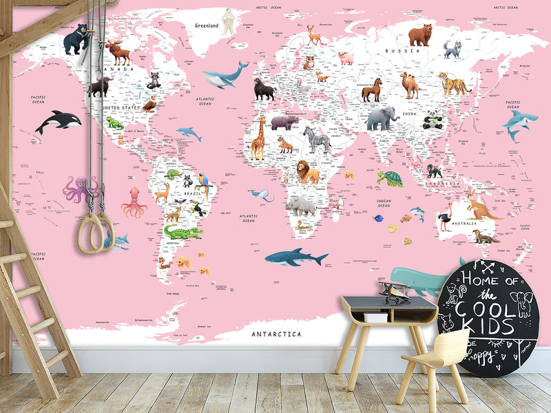 Print for Kids' Room Full Wall Self-Adhesive Wallpaper – Kids' World Map on Pink Background