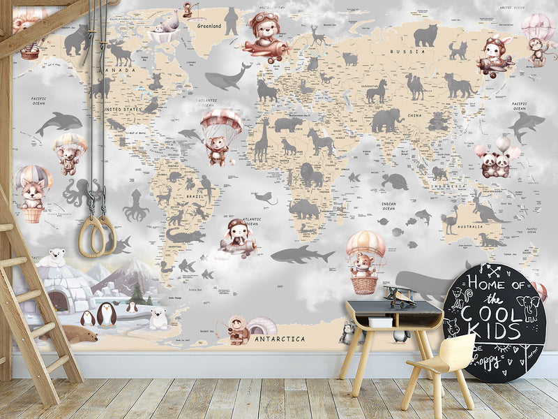 Decor for Kids room, Non-Woven Mural Wall-Sized Wallpaper "Kids' World Map With Hidden Animals"