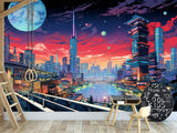 High-Quality Full-Wall Vinyl Wallpaper Peel and Stick for Office or Gym – "Cityscape Inspired by Anime", Modern Design Mural