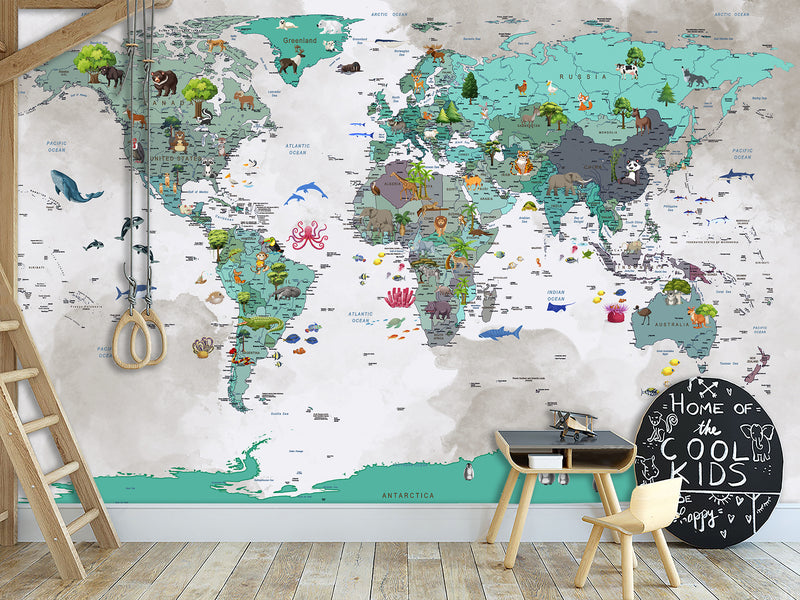 Peel and Stick Vinyl Wallpaper with the pattern “Children's map of the world”, decor for children's room