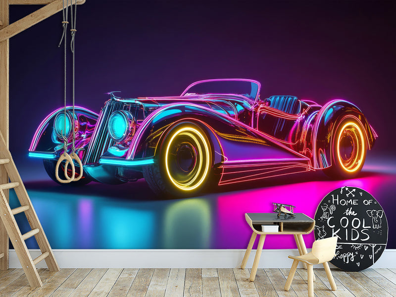 Self-Adhesive Wall Mural for Home Interior Peel and Stick Wallpaper Retro Car in Neon Lights Prant for Bedroom or Gym
