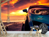 Non-Woven Photo Wallpaper Design For Gym, Living Room, Lounge Area "SUV On The Pier Lit By Sunset"