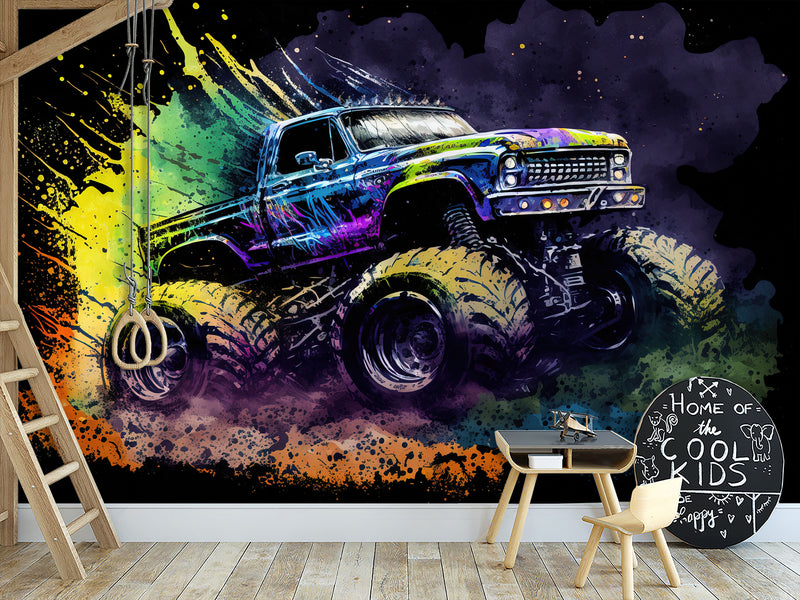 Full-Size Traditional Wallpaper Bold Decor for Workout Room or Office Epic Monster Truck Print Mural