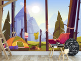 Non-Wowen Wallpaper Wallpaper For Toddlers – Camping In The Forest Cartoon-Style Kids Room Decor