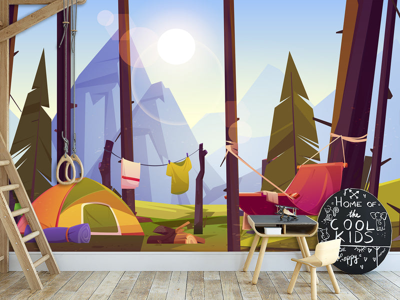 Non-Wowen Wallpaper Wallpaper For Toddlers – Camping In The Forest Cartoon-Style Kids Room Decor