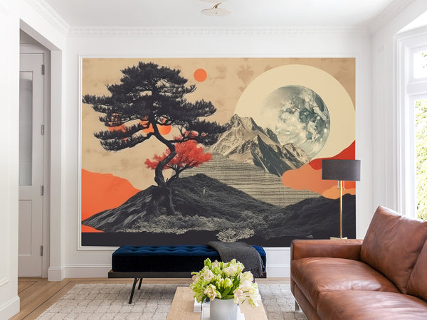Traditional Full Wall Mural in Vintage Style, Modern Mountains and Moon for Bedroom, Hall 🌙🏔️