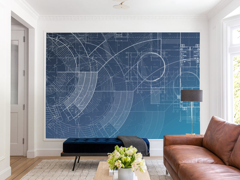Peel and Stick Vinyl  Wall mural “Blueprint engineering " Wallpaper for For Office,  Home decor