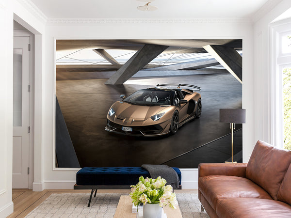 Premium Non-Woven Wallpaper for Teen Room - Lamborghini Aventador Gold 3D Wall Mural