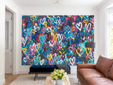 Non-Woven Wall Mural 3D Graffiti Wallpaper “Colorful Hearts” – For Accent Wall in Bedroom, Kitchen, or Living Room