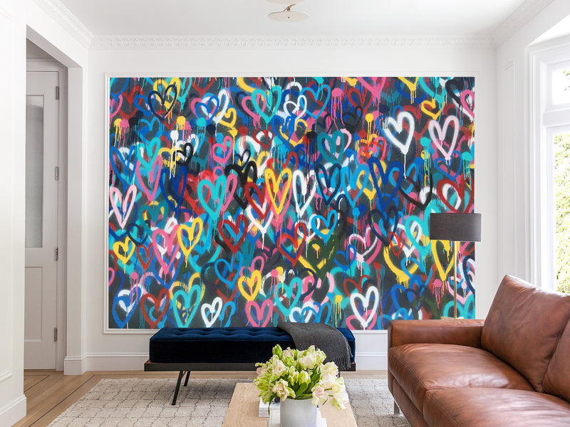 Non-Woven Wall Mural 3D Graffiti Wallpaper “Colorful Hearts” – For Accent Wall in Bedroom, Kitchen, or Living Room