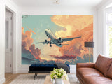 Vinyl Wallpaper Peel and Stick Comic Style Print Mural For Bedroom, Kids Room "Airplane Flying Through the Evening Sky"