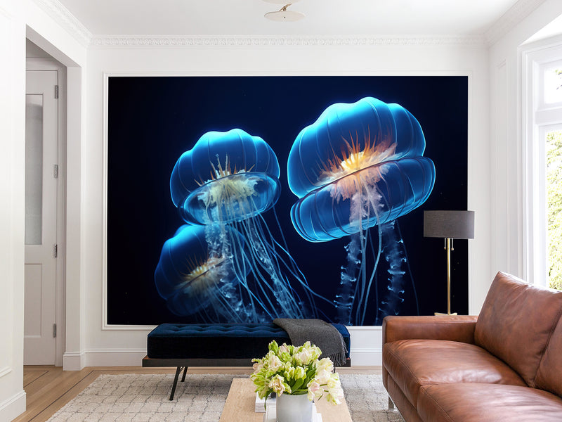 Sea Print Vinyl Wallpaper Peel and Stick – Unique Design Mural "Jellyfish", Wall Mural for Office or Living Room