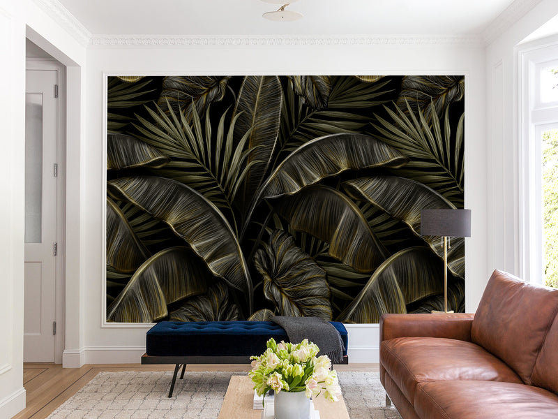 Floral Full-Wall Print Non-Woven Photo Wallpaper Tropical Design For Office Or Bedroom "Banana Leaves"