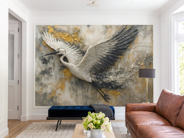 Non-Woven Wallpaper with Art Print "Flight of the Stork" — Artistic Wall Mural for Home Interior