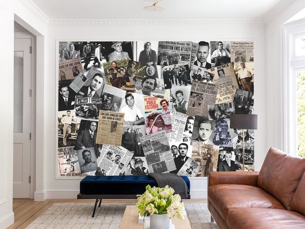 Traditional Mural Wallpaper for Gym, Office, or Lounge – "Gangster Poster Collage", Vintage Wallpaper Featuring Crime Bosses