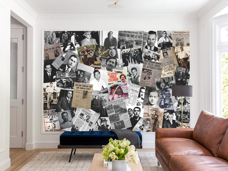 Traditional Mural Wallpaper for Gym, Office, or Lounge – "Gangster Poster Collage", Vintage Wallpaper Featuring Crime Bosses