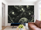 Vinyl Wallpaper Pell and  Stick Print For Living Room Or Bedroom, Full-Wall Design Mural “Cosmic Motion: Planets And Stars” — Perfect For An Accent Wall