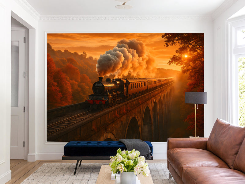 Print For Room Modern Design Self-Adhesive Wallpapers For Whole Wall Design For Bedroom Living Room "Train In Autumn Glow"