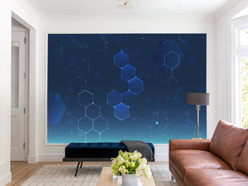 Blue Wallpaper Wall Print Peel And Stick Mural Wall Art For Bedroom, Kitchen, Living Room "Polyhedrons"