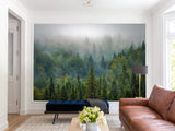 Peel and Stick 3d photo wallpaper Misty Forest Wallpaper – Foggy Woods Wall Mural for Nature-Inspired Interior Decor