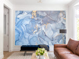 Peel and Stick Wallpaper Design For Lounge Area Or Home Office Mural “Gold And Blue Abstract Swirls”