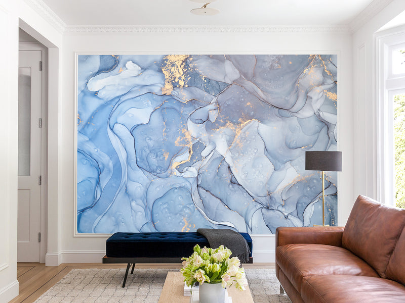Peel and Stick Wallpaper Design For Lounge Area Or Home Office Mural “Gold And Blue Abstract Swirls”