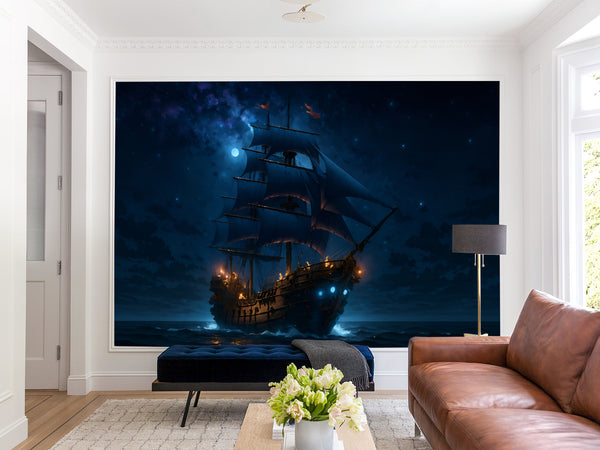Sea Print Peel and Stick Wall Mural for Office, Living Room, Hall "Ship in the Moonlit Night" 🌙