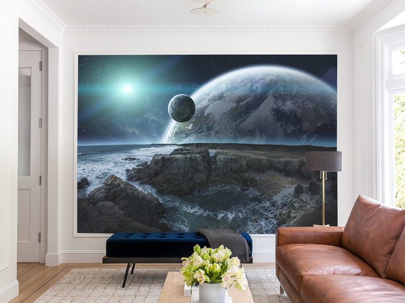Non-Woven Wallpaper for Bed Wall in Bedroom Design Cosmic Planets 3D Mural