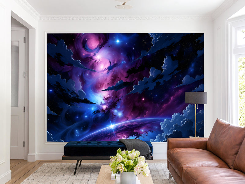 Self-Adhesive Wall Mural Interesting Universe Design For Living Room Bedroom "Cosmic Storm Of Light"✨