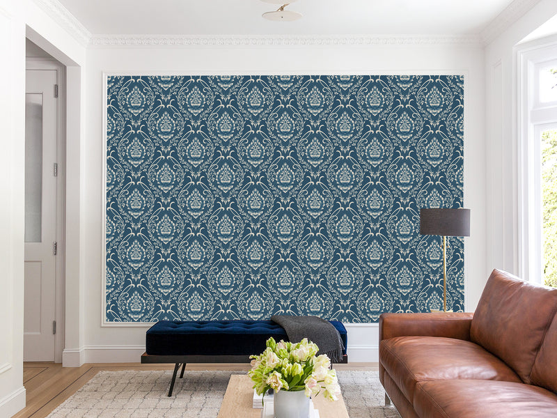 Vintage Non-Woven Photo Wallpaper Accent Wall Mural "Vintage Lotus Ornament on Dark Blue Background"