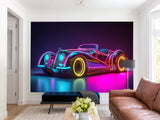 Self-Adhesive Wall Mural for Home Interior Peel and Stick Wallpaper Retro Car in Neon Lights Prant for Bedroom or Gym