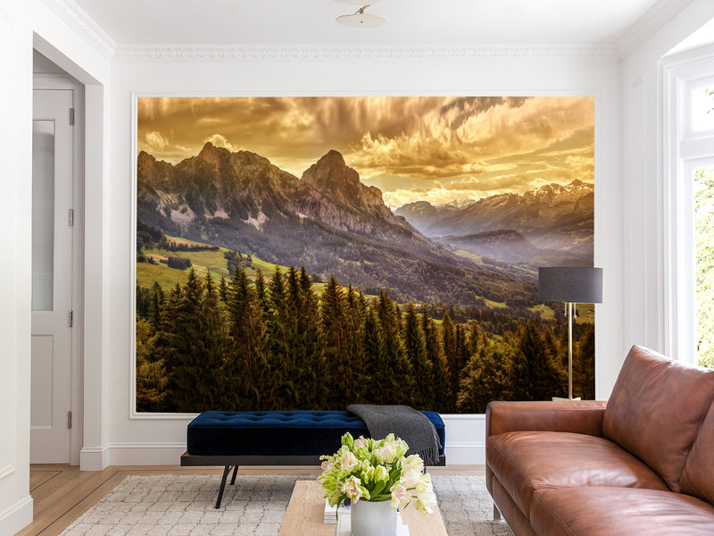 Traditional Full Wall Mural for Lounge or Bedroom – Mountains, Valleys, and Forest Landscape