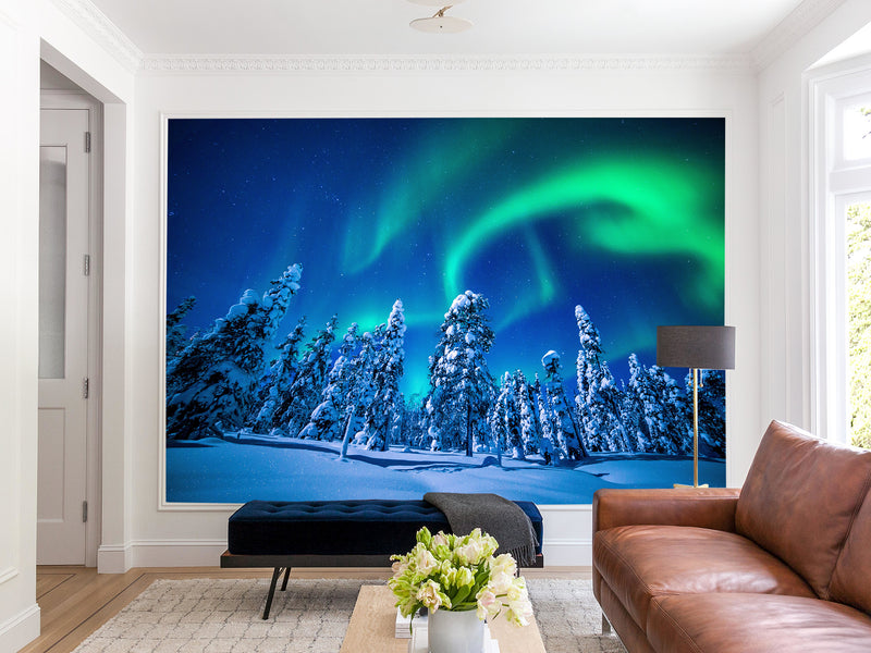 Non-Woven Full Wall Mural Wallpaper Northern Lights in a Winter Forest For Lounge Area, Bedroom, Or Reception