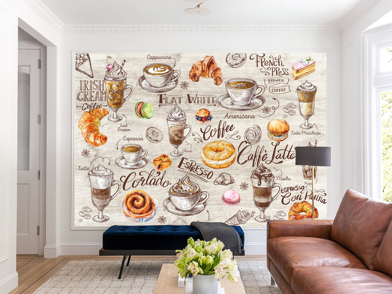 Modern Non-Woven Mural Wallpaper, Vibrant Full-Wall Mural for Kitchen or Café Decor “Coffee and Dessert”