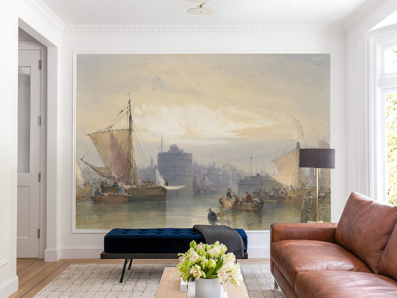 Self-Adhesive Wall Mural Full Wall Accent Wallpaper for Living Room or Bedroom Design "Fishing Boats Waiting for the Tide, Port of Havre"