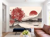 🌅"Watercolor Japanese Sumi-e Style With Minimalist Touch Self-Adhesive Wallpaper For Cozy Living Room, Bedroom, Home Gym "Japanese Sunset" 🌅