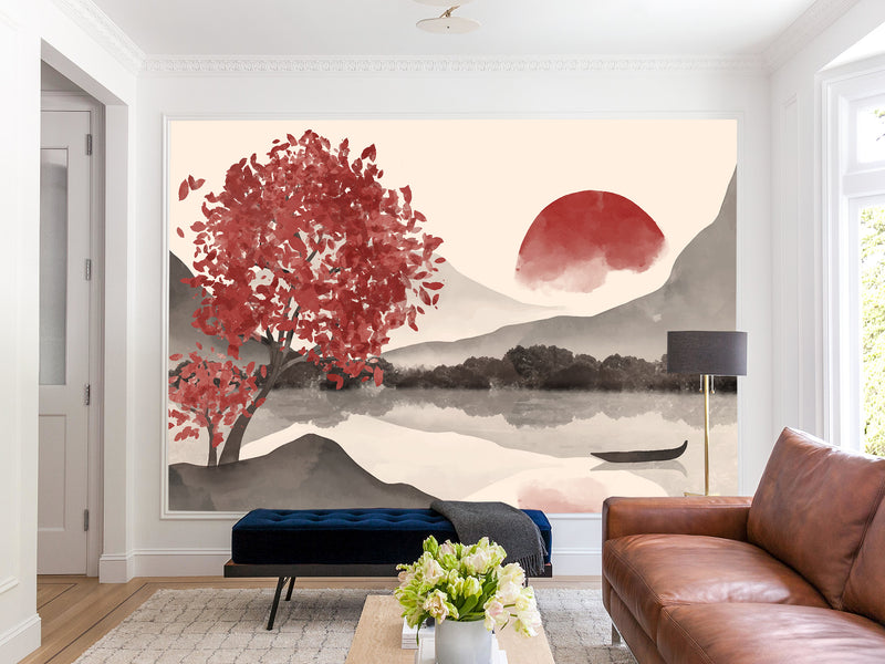 🌅"Watercolor Japanese Sumi-e Style With Minimalist Touch Self-Adhesive Wallpaper For Cozy Living Room, Bedroom, Home Gym "Japanese Sunset" 🌅